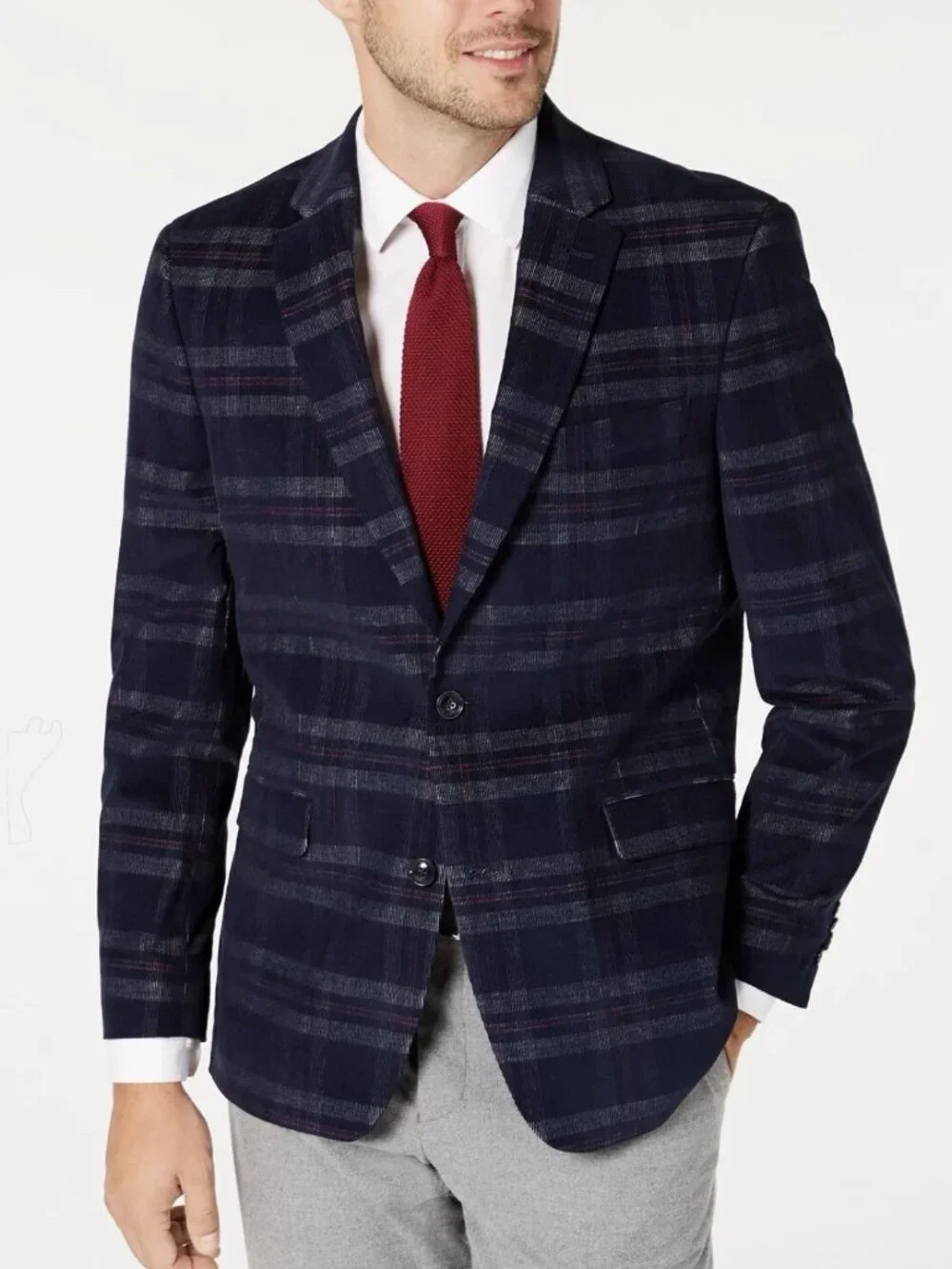 Tommy Hilfiger Mens Modern-Fit THFlex Stretch Navy/Red Plaid Corduroy Sport Coat